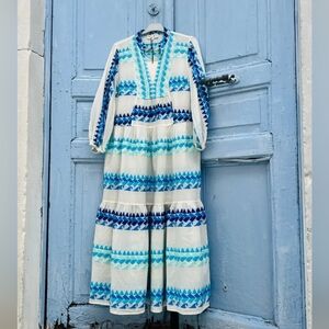 NEMA Resort Wear Greek Summer Linen Embroidered Maxi Dress